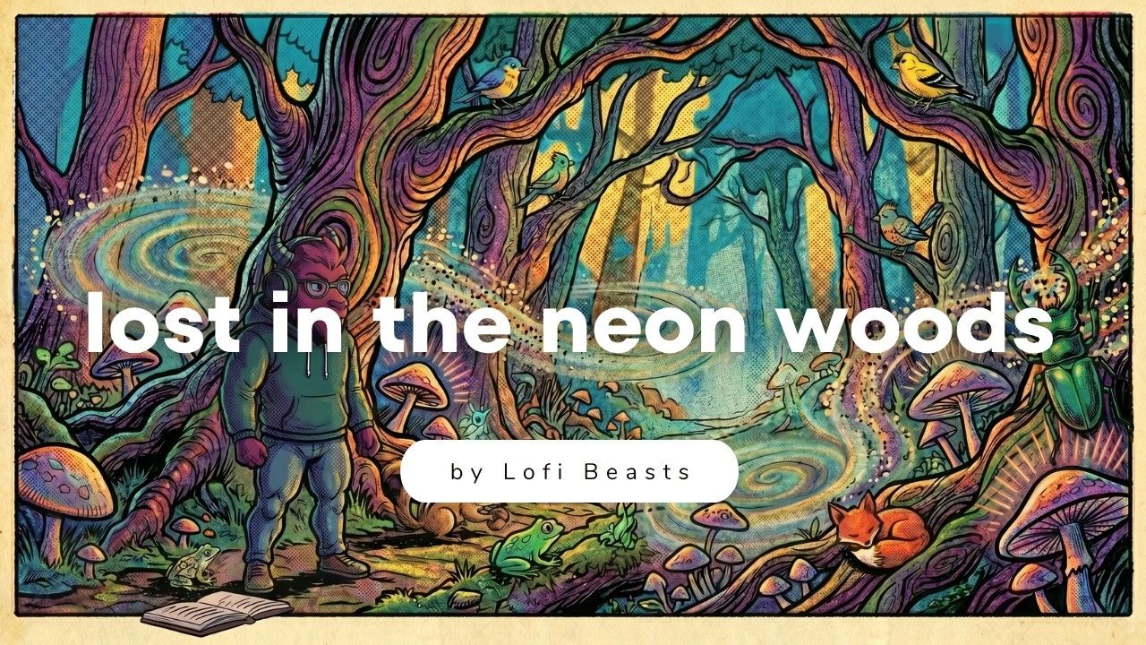 Lofi Beasts 最新作品縮圖：《Lost in the Neon Woods》— 戴耳機的小獸站在霓虹森林裡