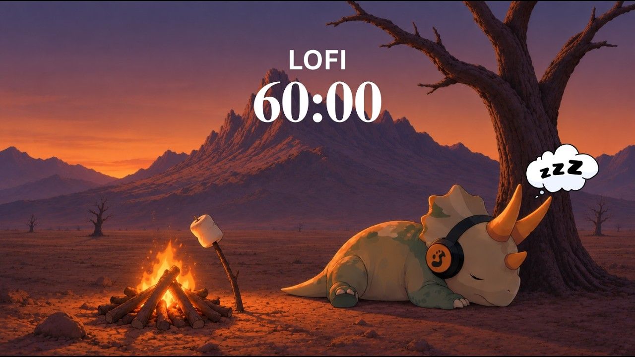 Lofi Trike 最新作品縮圖：戴耳機的三角龍在黃昏的營火旁靠著樹睡著