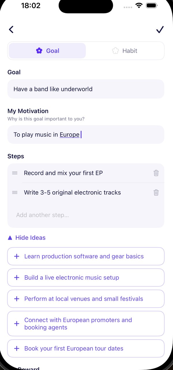 Me Season app screen: new goal — goal, motivation, steps, and five steps suggested by ✨ AI Ideas