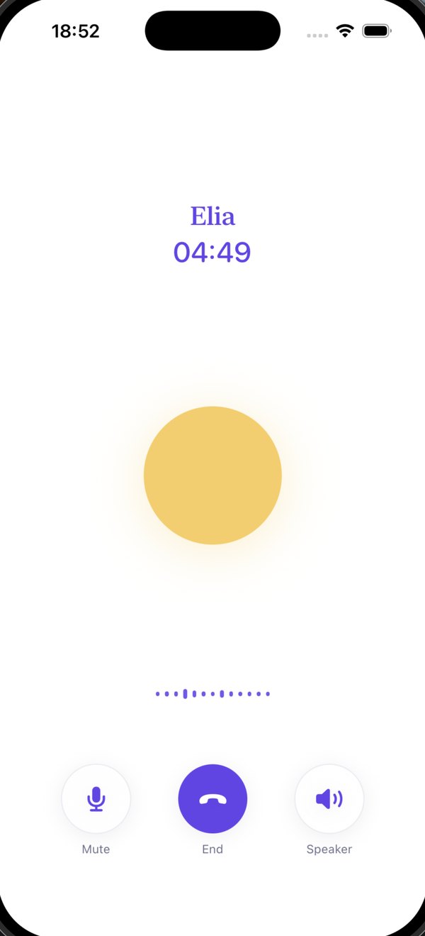 Solo Season App 畫面：Elia 通話 — 五分鐘倒數、呼吸的太陽與紫色聲波